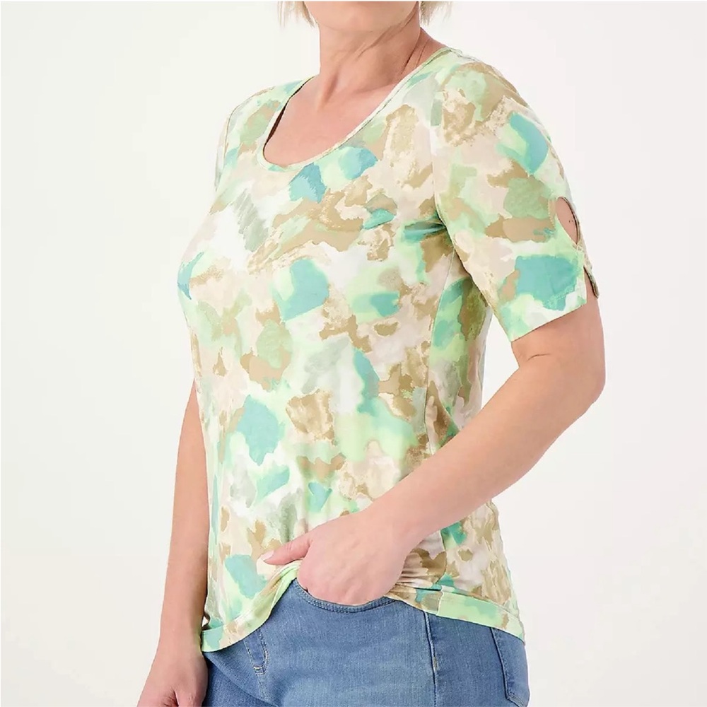 Susan Graver Weekend Printed Cool Touch Elbow-Sleeve Top Jade Size Medium